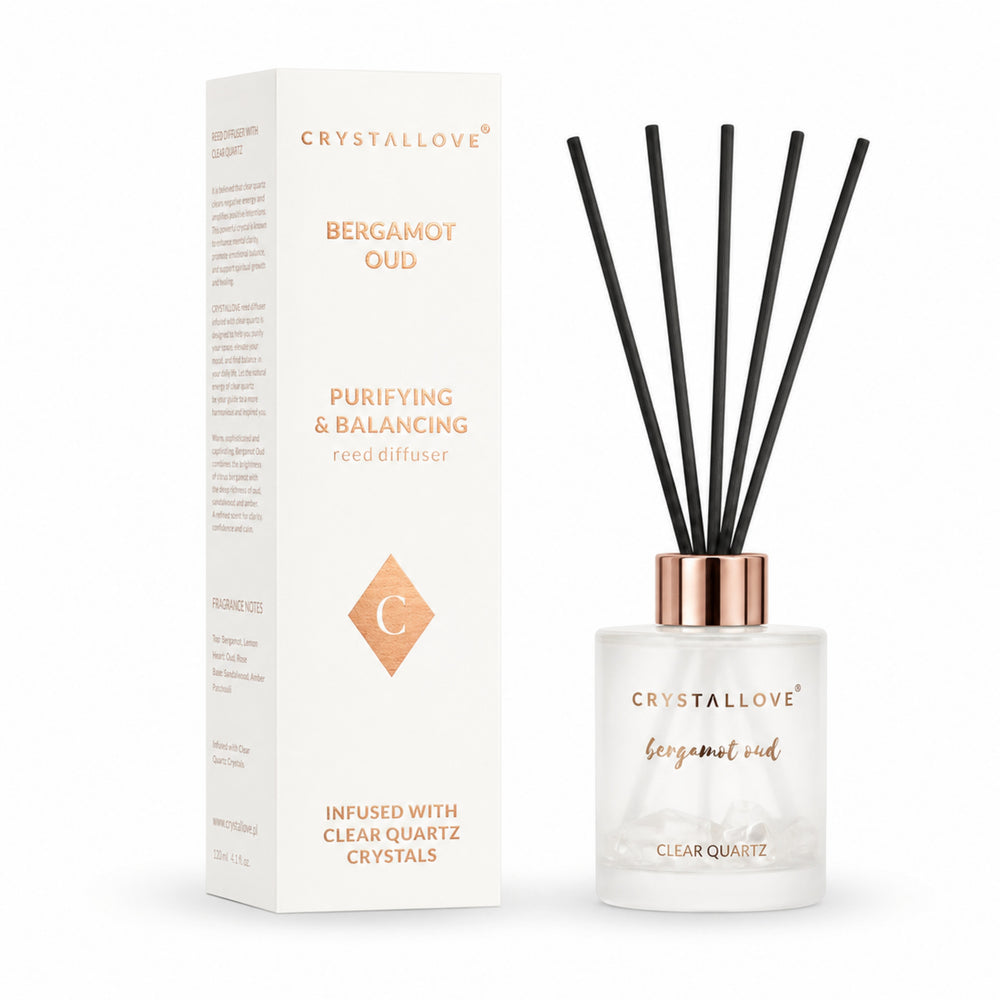 CRYSTALLOVE Bergamot Oud & Clear Quartz Dyfuzor zapachowy z patyczkami i kryształem górskim 120 ml