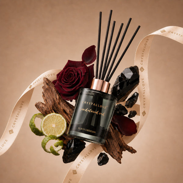 CRYSTALLOVE Sandalwood Oud & Black Obsidian Dyfuzor Zapachowy z patyczkami i czarnym obsydianem 120 ml