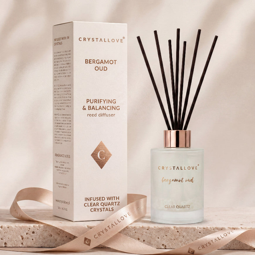 CRYSTALLOVE Bergamot Oud & Clear Quartz Dyfuzor zapachowy z patyczkami i kryształem górskim 120 ml