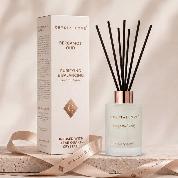 CRYSTALLOVE Bergamot Oud & Clear Quartz Dyfuzor zapachowy z patyczkami i kryształem górskim 120 ml