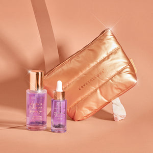 Amethyst Skincare Duo – serum i mgiełka do twarzy z ametystem oraz złota kosmetyczka CRYSTALLOVE