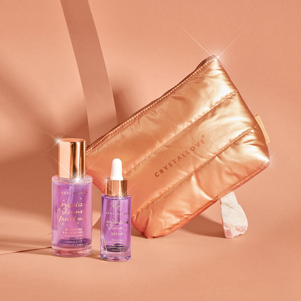 Amethyst Skincare Duo – serum i mgiełka do twarzy z ametystem oraz złota kosmetyczka CRYSTALLOVE