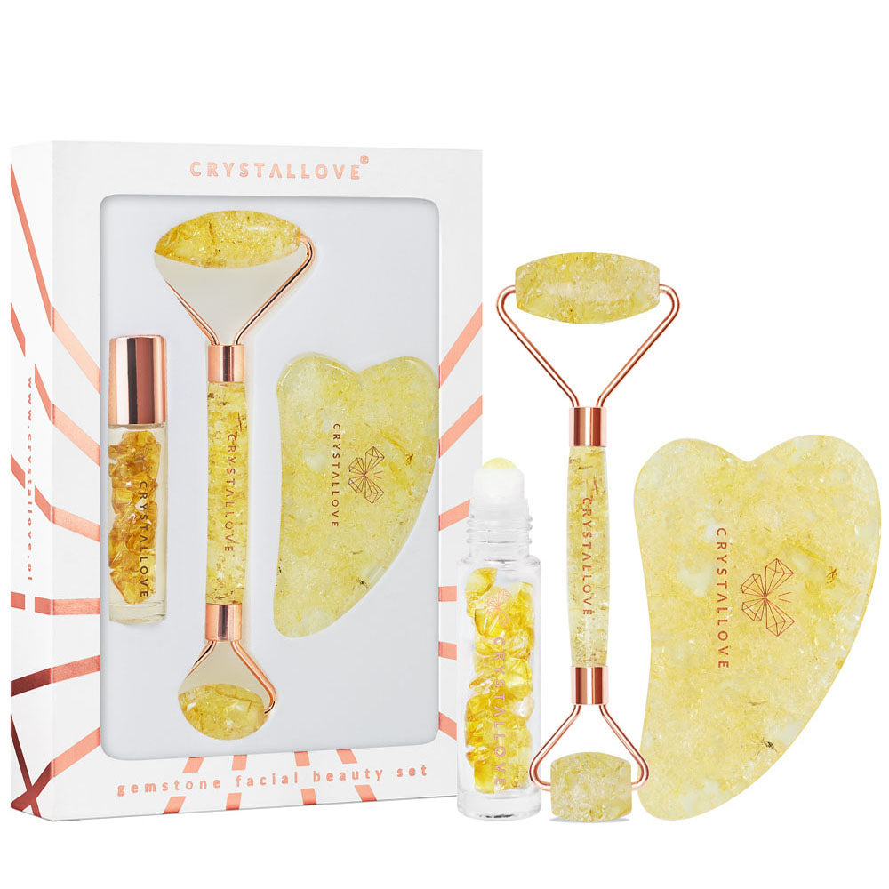 crystallove citrine amber beauty set roller do twarzy z bursztynu cytrynowego - plytka gua sha z bursztynu - buteleczka roll-on