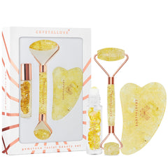 crystallove citrine amber beauty set roller do twarzy z bursztynu cytrynowego - plytka gua sha z bursztynu - buteleczka roll-on
