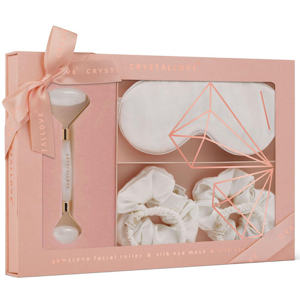 crystallove clear quartz home SPA set - roller z krysztalu gorskiego + opaska z jedwabiu + 4 gumki z jedwabiu