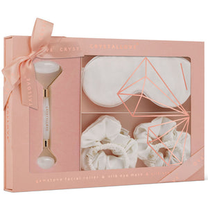 crystallove clear quartz home SPA set - roller z krysztalu gorskiego + opaska z jedwabiu + 4 gumki z jedwabiu