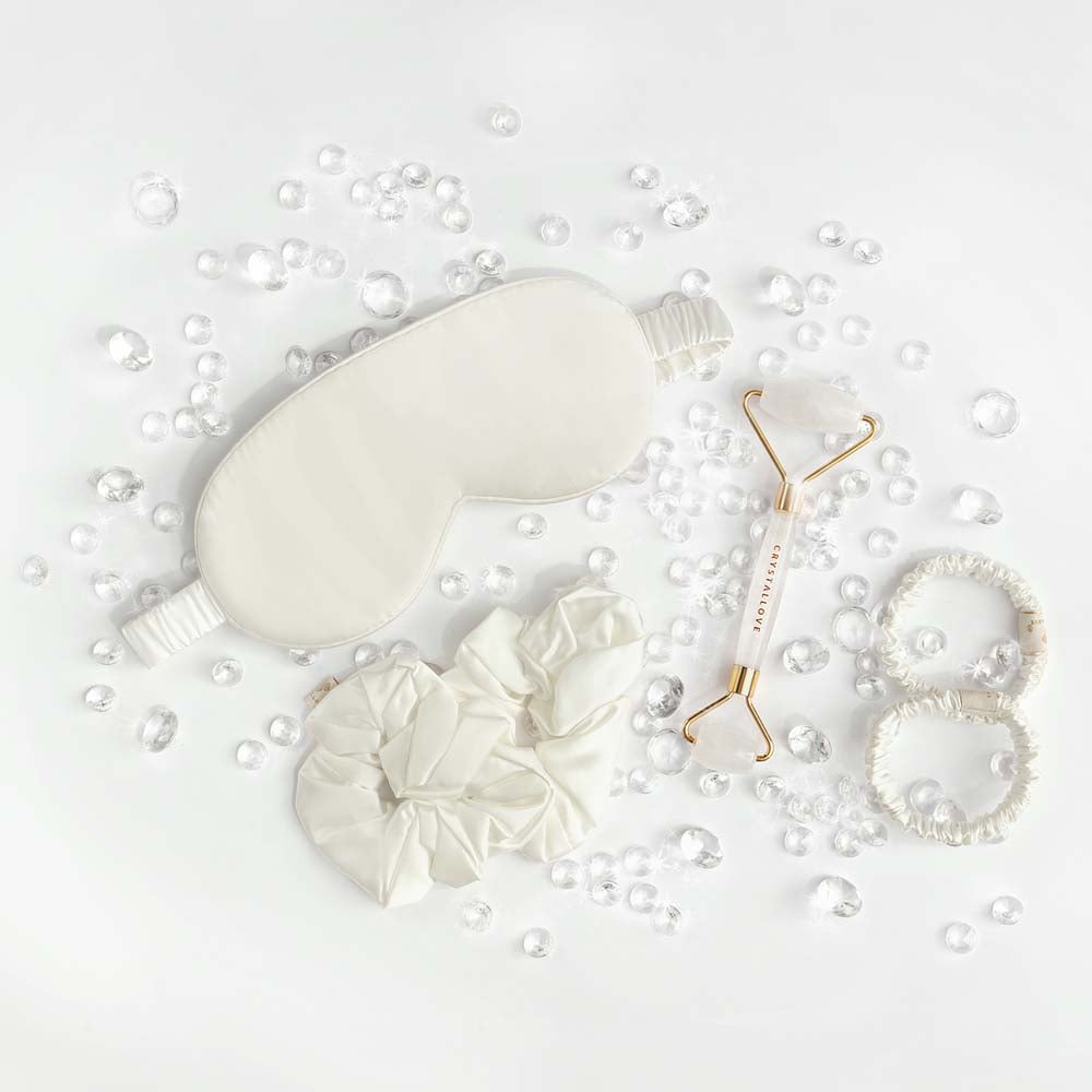 crystallove clear quartz home SPA set - roller z krysztalu gorskiego + opaska z jedwabiu + 4 gumki z jedwabiu