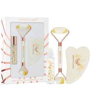 crystallove milky amber beauty set roller do twarzy z bursztynu mlecznego - plytka gua sha z bursztynu - buteleczka roll-on
