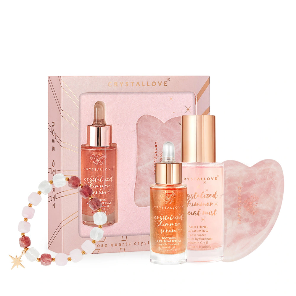 Zestaw prezentowy CRYSTALLOVE z kwarcem różowym – serum, Gua Sha, mgiełka i bransoletka z kamieni naturalnych