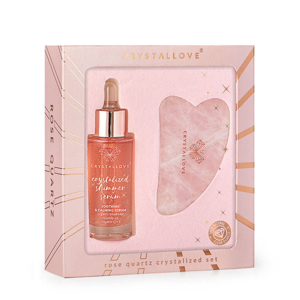 crystallove rose quartz crystalized set - serum do twarzy z kwarcem różowym i płytka do masażu gua sha z kwarcu różowego
