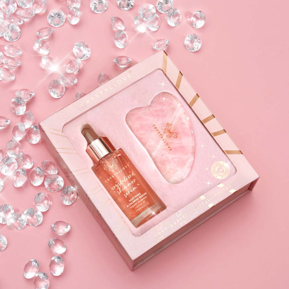 crystallove rose quartz crystalized set - serum do twarzy z kwarcem różowym i płytka do masażu gua sha