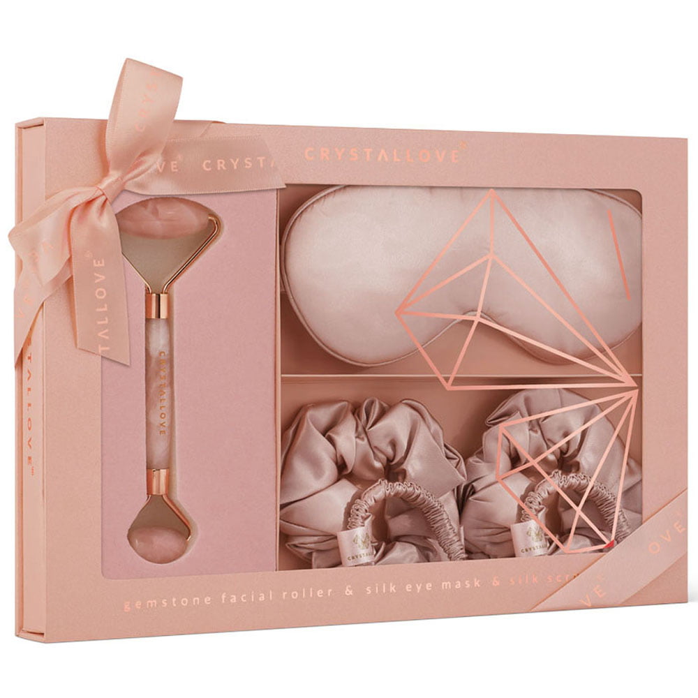 crystallove rose quartz home SPA set - roller z kwarcu + opaska z jedwabiu + 4 gumki z jedwabiu