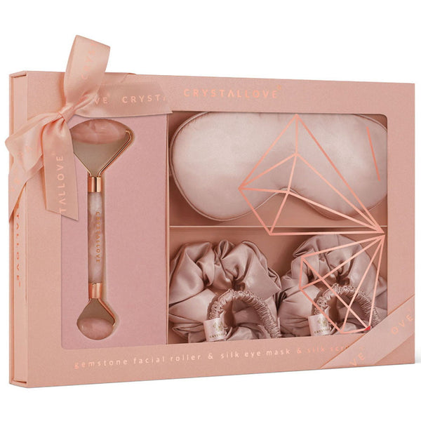crystallove rose quartz home SPA set - roller z kwarcu + opaska z jedwabiu + 4 gumki z jedwabiu