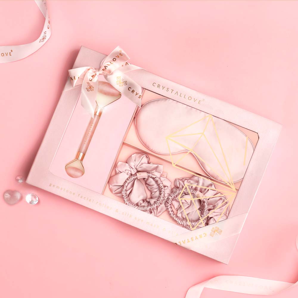 crystallove rose quartz home SPA set - roller z kwarcu + opaska z jedwabiu + 4 gumki z jedwabiu