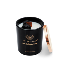 CRYSTALLOVE Świeca sojowa z czarnym obsydianem - drzewo sandałowe oud 400g