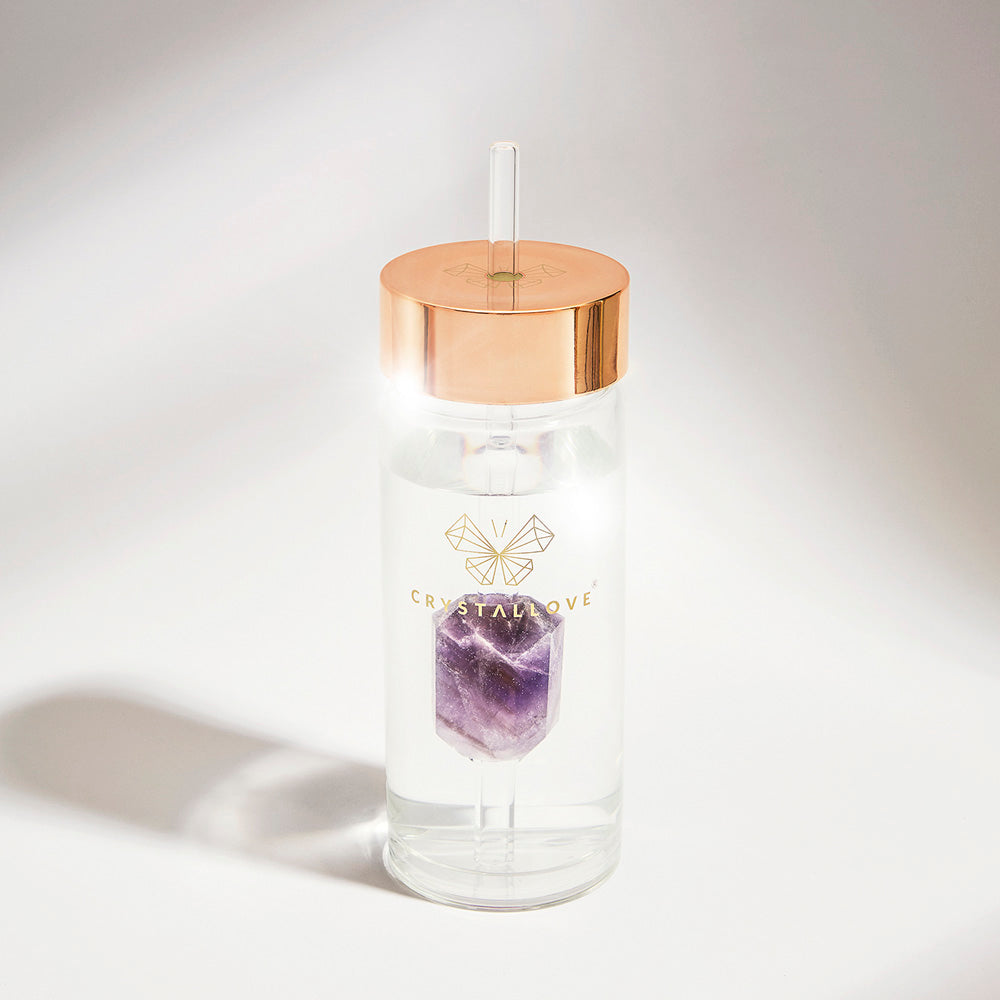 crystallove szklana butelka na wodę z ametystem i słomką 400ml
