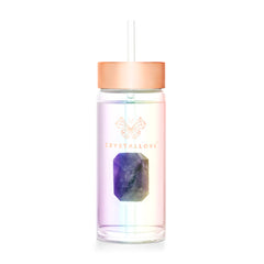 crystallove szklana butelka na wodę z ametystem i słomką 400ml - hologram
