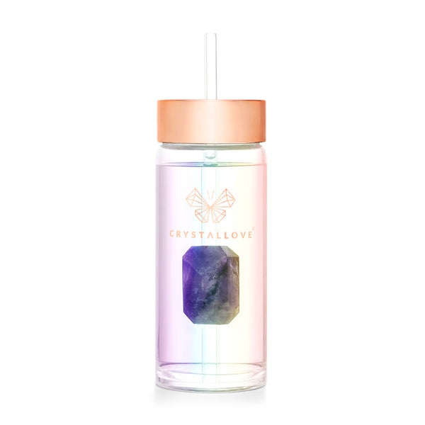 crystallove szklana butelka na wodę z ametystem i słomką 400ml - hologram