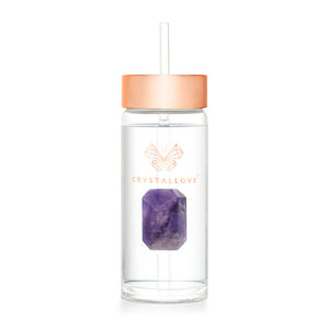 crystallove szklana butelka na wodę z ametystem i słomką 400ml