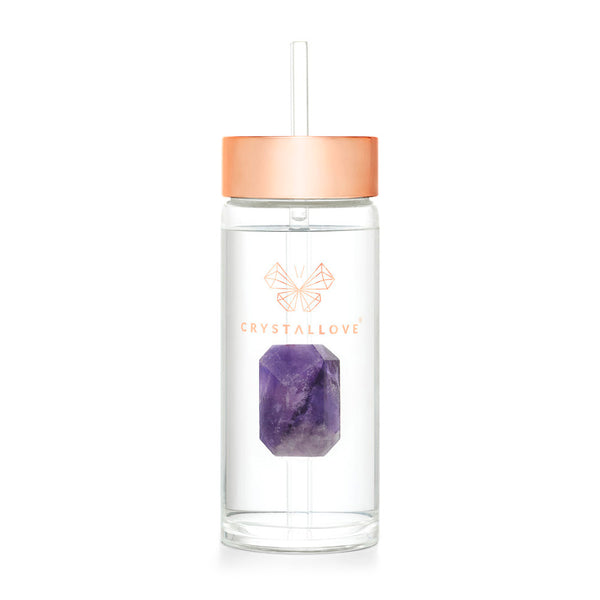 crystallove szklana butelka na wodę z ametystem i słomką 400ml