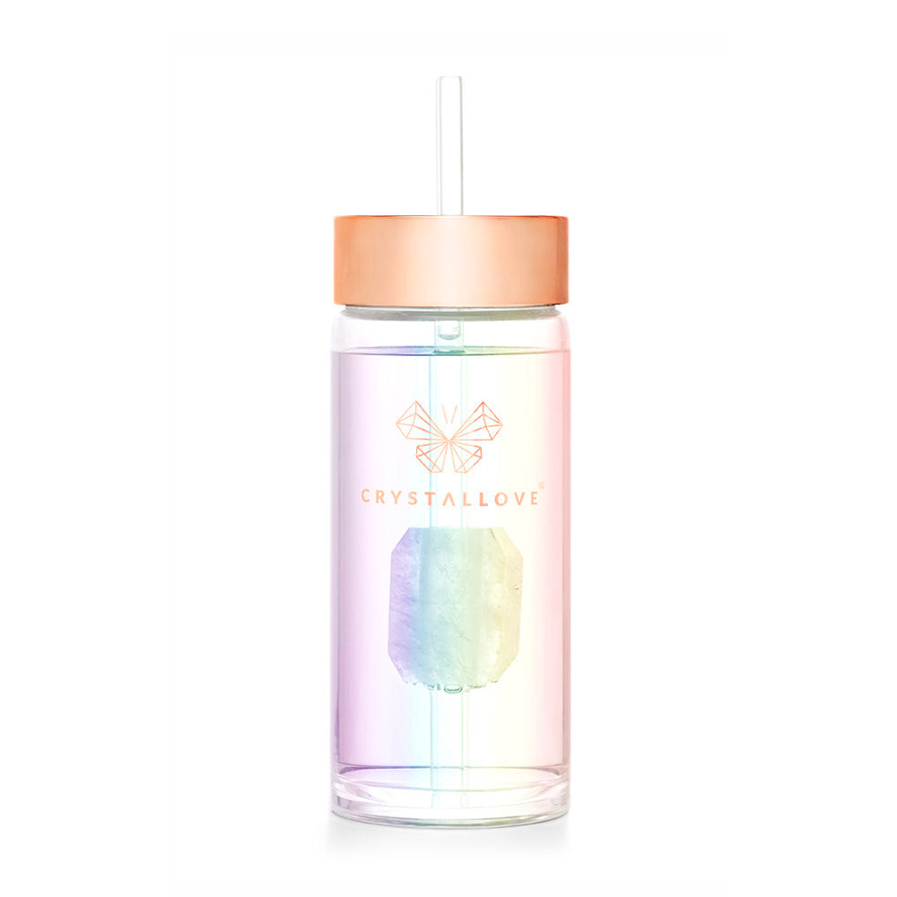 crystallove szklana butelka na wodę z kryształem górskim i słomką 400ml - hologram