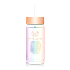 crystallove szklana butelka na wodę z kryształem górskim i słomką 400ml - hologram