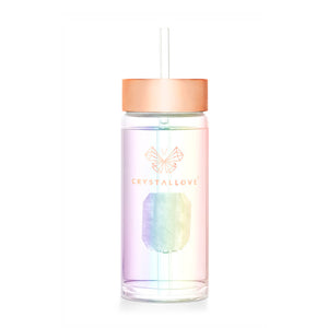 crystallove szklana butelka na wodę z kryształem górskim i słomką 400ml - hologram