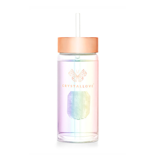 crystallove szklana butelka na wodę z kryształem górskim i słomką 400ml - hologram