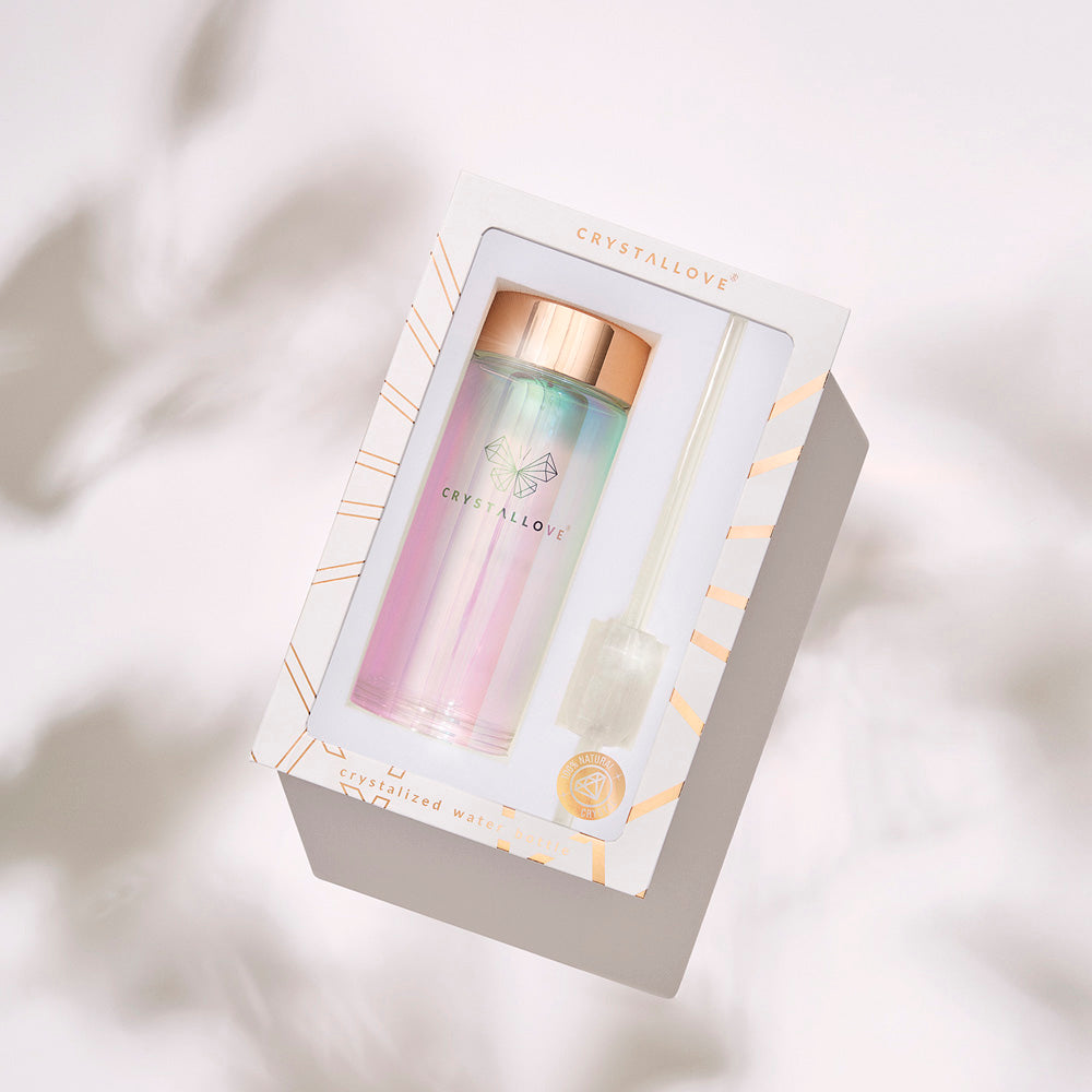 crystallove szklana butelka na wodę z kryształem górskim i słomką 400ml - hologram