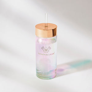 crystallove szklana butelka na wodę z kryształem i słomką hologram 400ml
