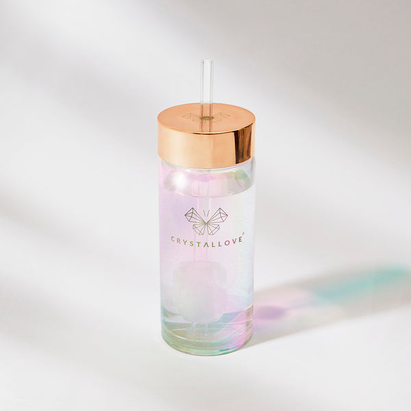 crystallove szklana butelka na wodę z kryształem i słomką hologram 400ml
