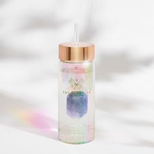 crystallove szklana butelka z ametystem i słomką 400ml - hologramowa