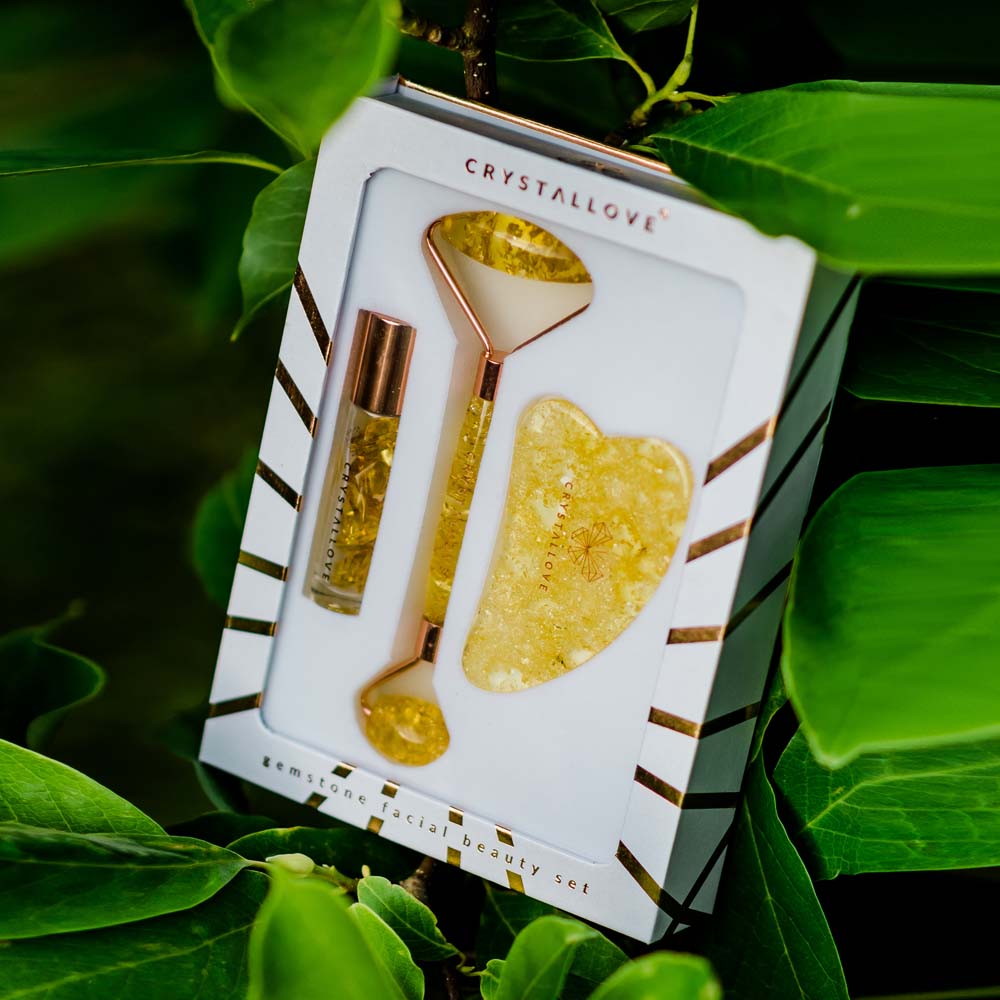 crystallove citrine amber beauty set roller do twarzy z bursztynu cytrynowego - plytka gua sha z bursztynu - buteleczka roll-on