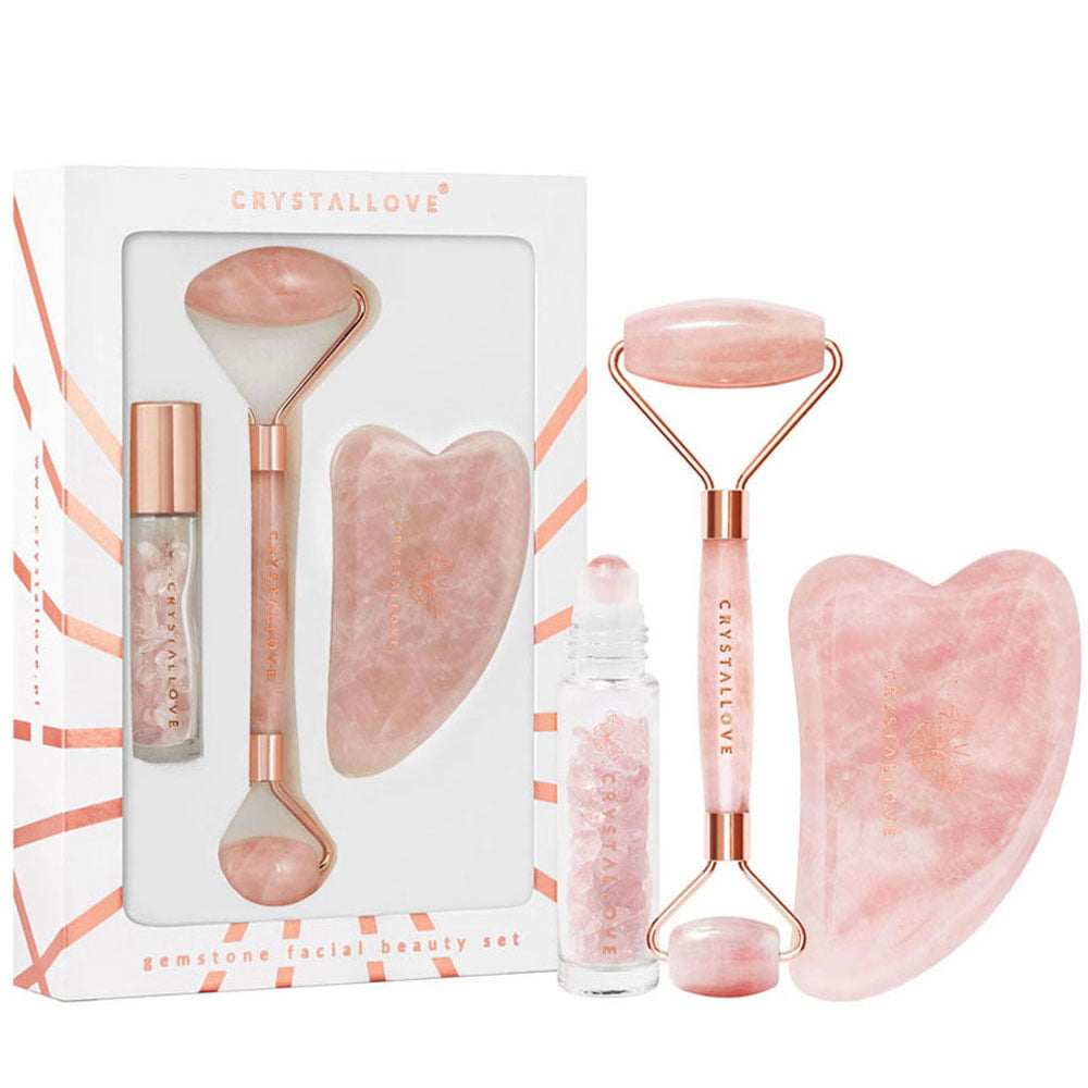 crystallove zestaw do masazu twarzy z kwarcu rozowego - roller z kwarcu , plytka gua sha , butelka z kwarcem