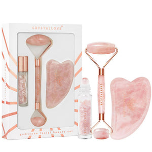crystallove zestaw do masazu twarzy z kwarcu rozowego - roller z kwarcu , plytka gua sha , butelka z kwarcem