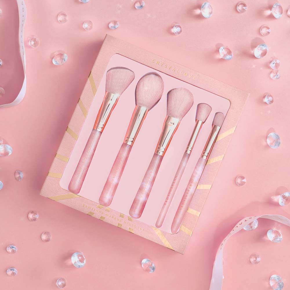 crystallove zestaw pedzli z kwarcu rozowego - rose quartz makeup brushes set