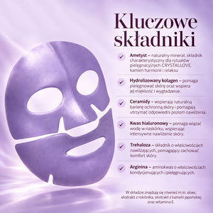 Kluczowe składniki hydrożelowej maski do twarzy z ametystem CRYSTALLOVE – kolagen, ceramidy, kwas hialuronowy, trehaloza i arginina