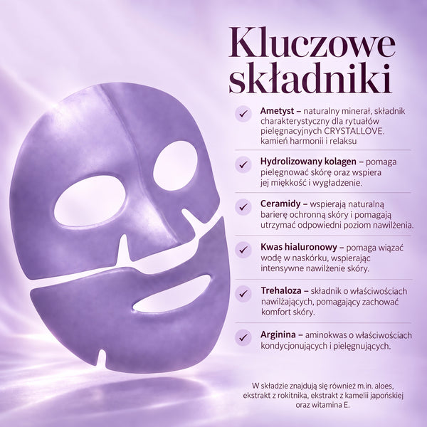 Kluczowe składniki hydrożelowej maski do twarzy z ametystem CRYSTALLOVE – kolagen, ceramidy, kwas hialuronowy, trehaloza i arginina