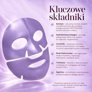 Kluczowe składniki hydrożelowej maski do twarzy z ametystem CRYSTALLOVE – kolagen, ceramidy, kwas hialuronowy, trehaloza i arginina