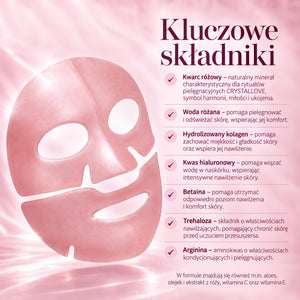 Kluczowe składniki hydrożelowej maski do twarzy z kwarcem różowym CRYSTALLOVE – woda różana, kolagen, kwas hialuronowy, betaina, trehaloza i arginina