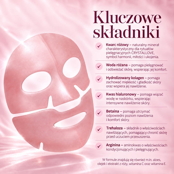 Kluczowe składniki hydrożelowej maski do twarzy z kwarcem różowym CRYSTALLOVE – woda różana, kolagen, kwas hialuronowy, betaina, trehaloza i arginina