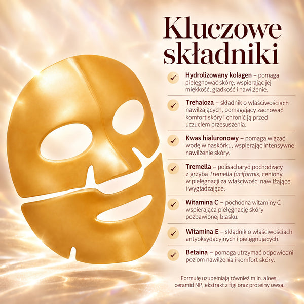 Kluczowe składniki hydrożelowej maski do twarzy z witaminą C CRYSTALLOVE – kolagen, trehaloza, kwas hialuronowy, tremella, witamina E i betaina
