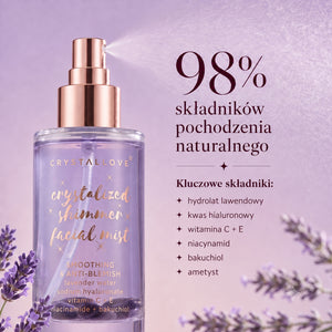 Grafika CRYSTALLOVE przedstawiająca kluczowe składniki mgiełki do twarzy z ametystem: hydrolat lawendowy, kwas hialuronowy, witaminę C i E, niacynamid oraz bakuchiol