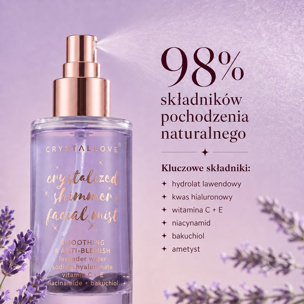 Grafika CRYSTALLOVE przedstawiająca kluczowe składniki mgiełki do twarzy z ametystem: hydrolat lawendowy, kwas hialuronowy, witaminę C i E, niacynamid oraz bakuchiol