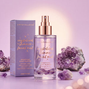 Mgiełka do twarzy CRYSTALLOVE Amethyst Shimmer Facial Mist z ametystem, lawendą i opakowaniem