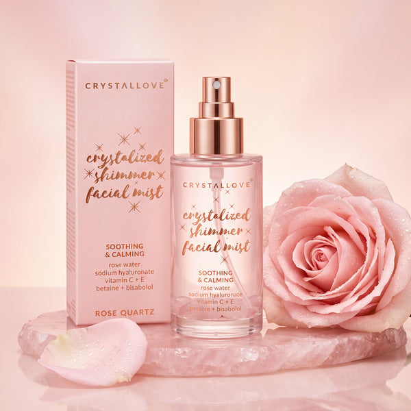 Mgiełka do twarzy CRYSTALLOVE z kwarcem różowym i hydrolatem różanym Rose Quartz Shimmer Facial Mist