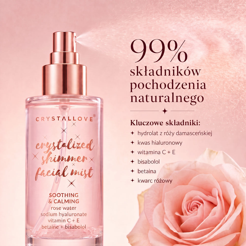Mgiełka do twarzy z kwarcem różowym CRYSTALLOVE – nawilżająca mgiełka do pielęgnacji skóry