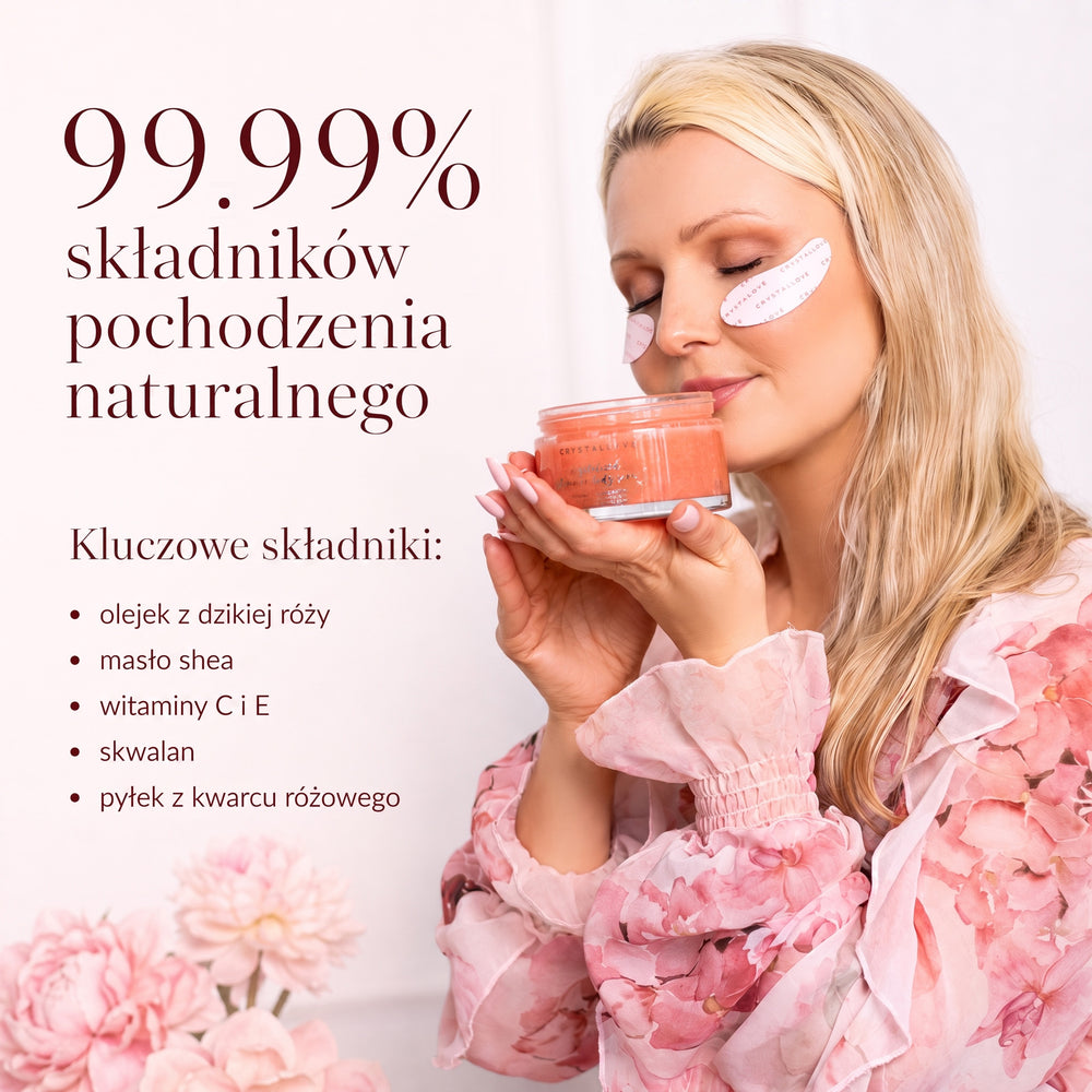 Peeling do ciała z kwarcem różowym i różą CRYSTALLOVE w szklanym opakowaniu