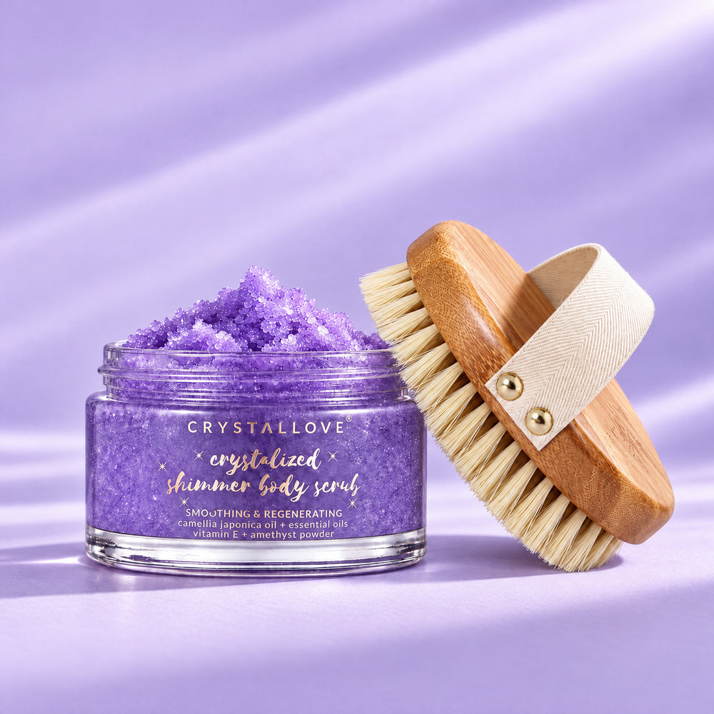 Peeling cukrowy do ciała z ametystem i lawendą oraz szczotka do masażu ciała na sucho | CRYSTALLOVE