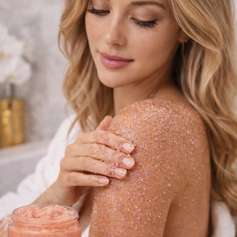 Peeling do ciała z kwarcem różowym CRYSTALLOVE w szklanym słoiczku